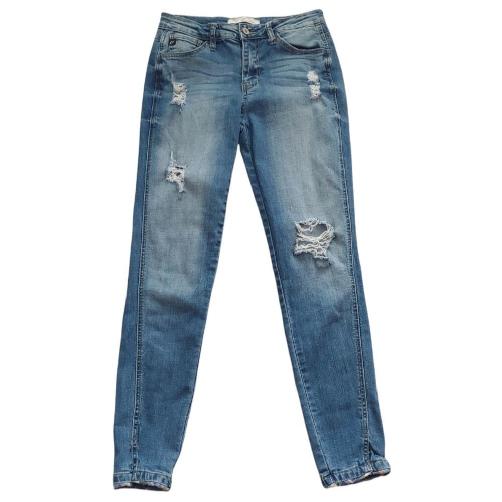 Kancan Distressed Skinny Jeans Plaid Trim Size 27